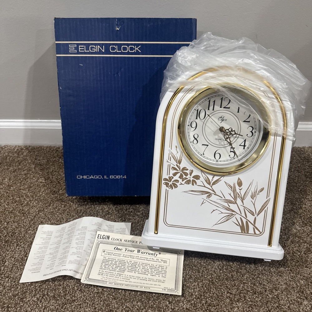 Vintage Elgin Mantle Quartz Clock Plastic Blue Gold Trim 12" 80s NEW NOS